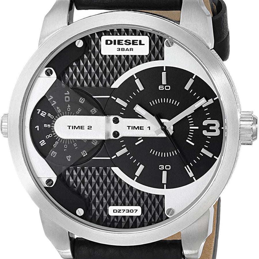 Diesel Mini Daddy Black Silver Dial Black Leather Strap Watch For Men - DZ7307