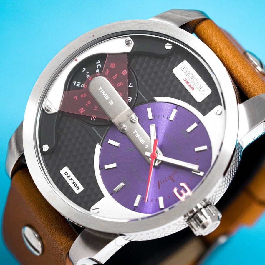 Diesel Mini Daddy Blue & Black Dial Brown Leather Strap Watch For Men - DZ7308