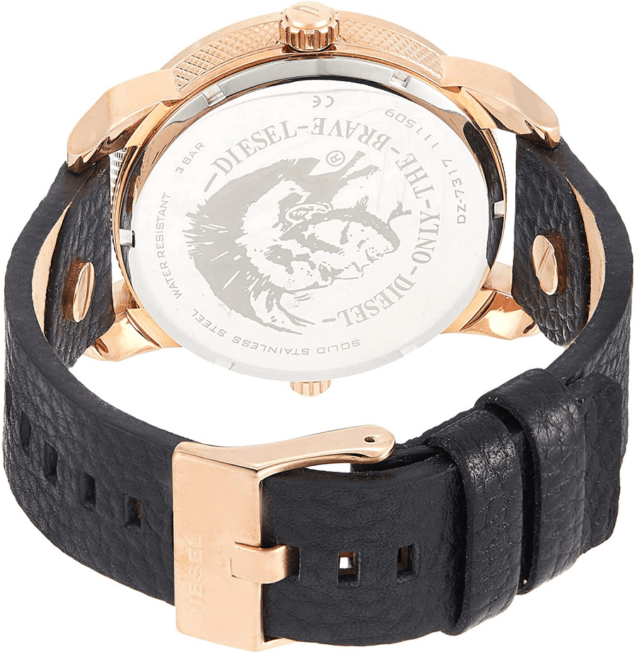 Diesel Mini Daddy Dual Time Black & Gold Dial Black Leather Strap Watch For Men - DZ7317
