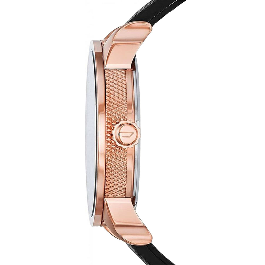 Diesel Mini Daddy Dual Time Black & Gold Dial Black Leather Strap Watch For Men - DZ7317