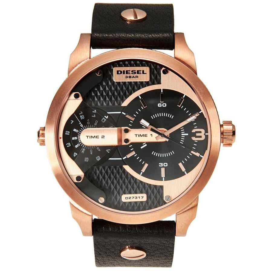 Diesel Mini Daddy Dual Time Black & Gold Dial Black Leather Strap Watch For Men - DZ7317