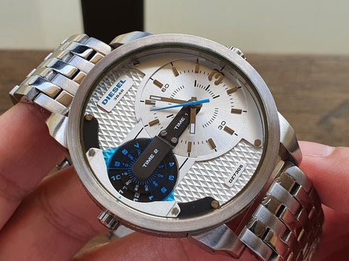 Diesel Mini Daddy Dual Time Silver Dial Stainless Steel Watch For Men - DZ7305