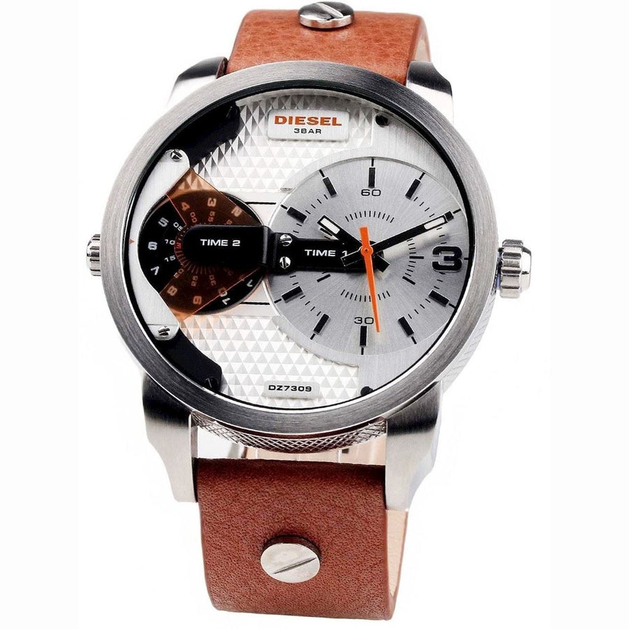 Diesel Mini Daddy Silver Dial Brown Leather Strap Watch For Men - DZ7309