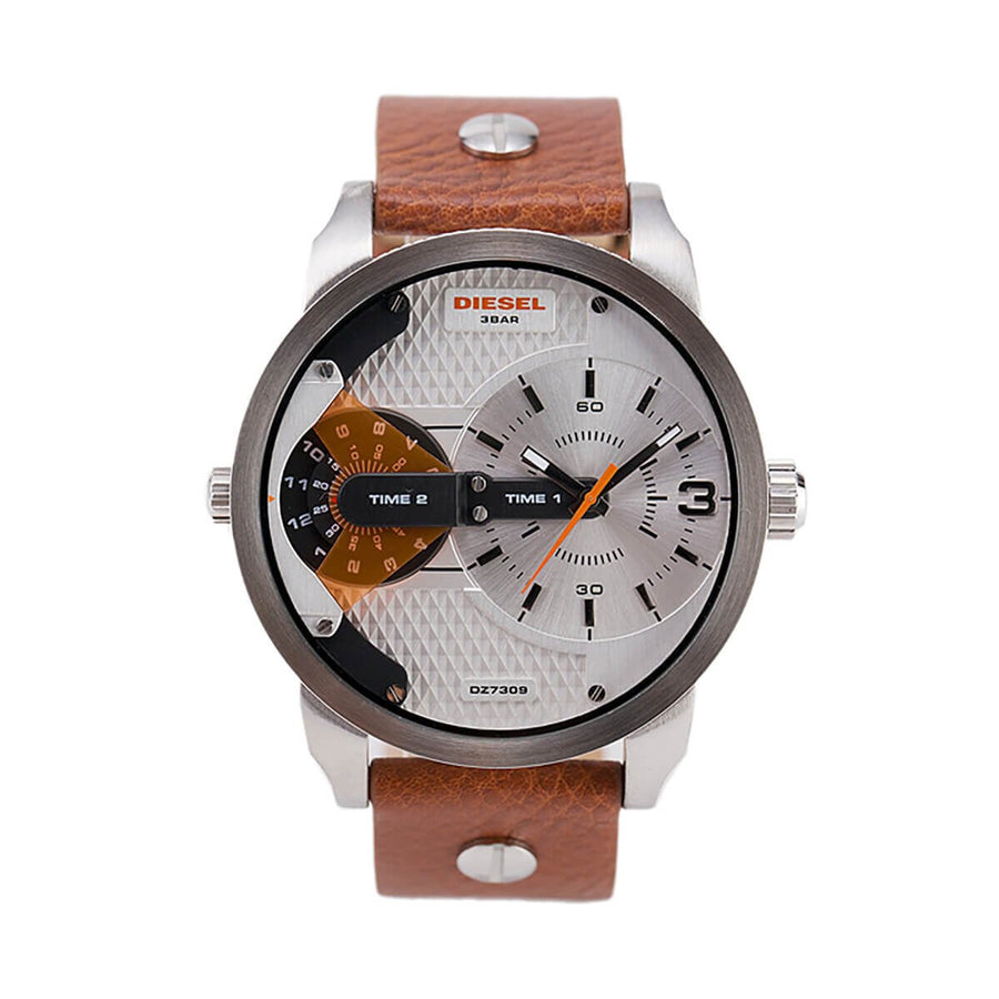 Diesel Mini Daddy Silver Dial Brown Leather Strap Watch For Men - DZ7309