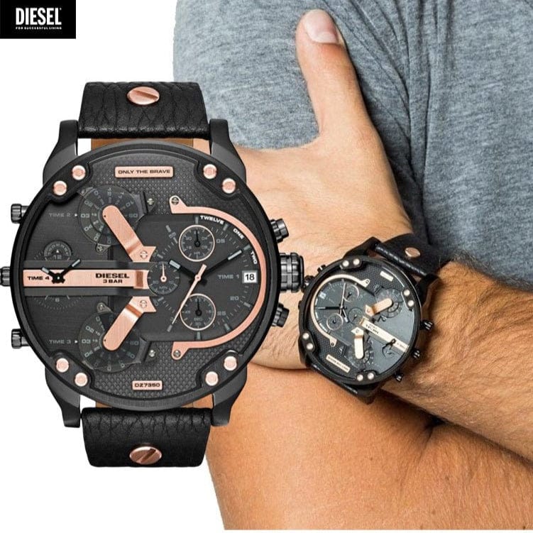 Diesel Mr Daddy 2.0 Black Dial Black Leather Strap Watch For Men - DZ7350