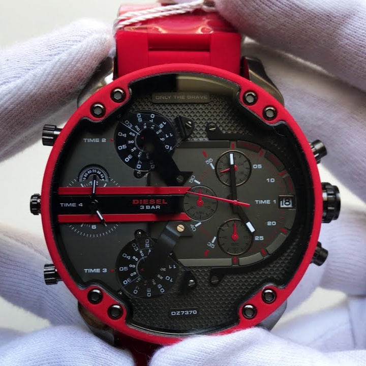 Diesel Mr Daddy 2.0 Black Dial Red Steel Strap Watch For Men - DZ7370
