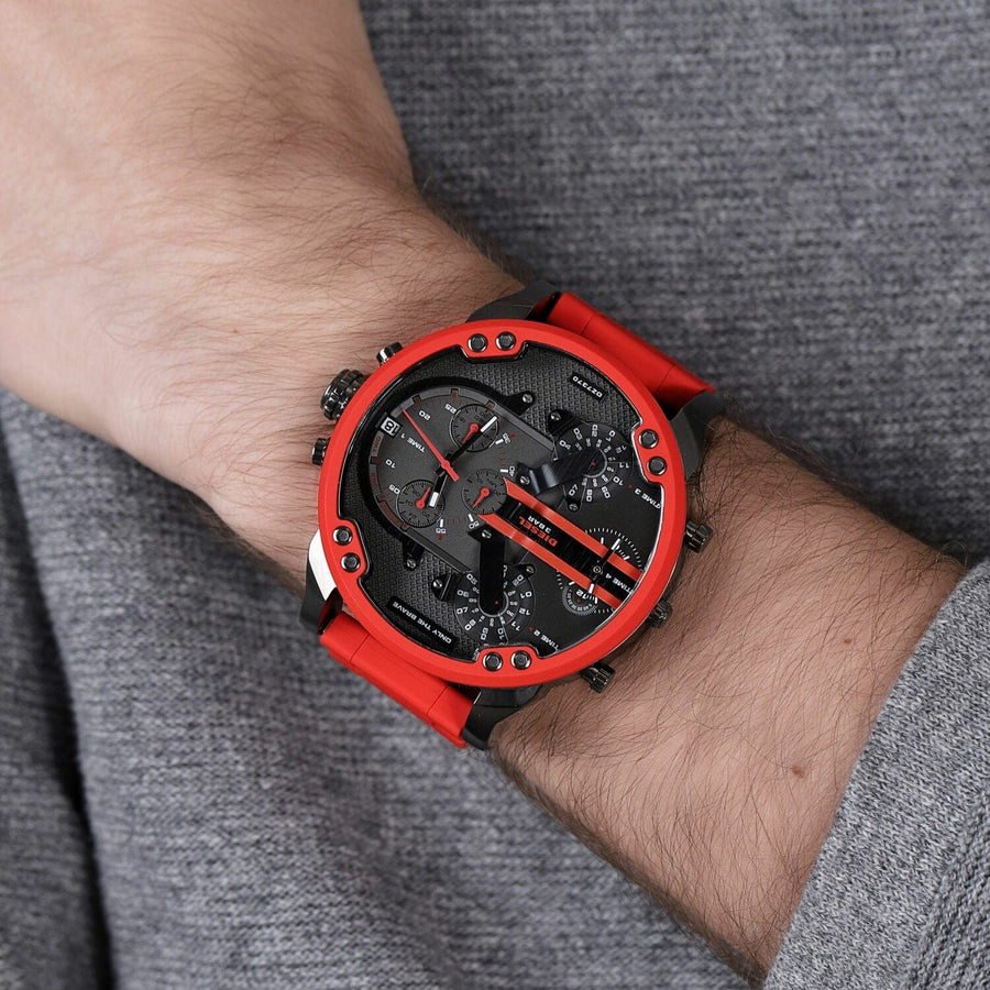 Diesel Mr Daddy 2.0 Black Dial Red Steel Strap Watch For Men - DZ7370