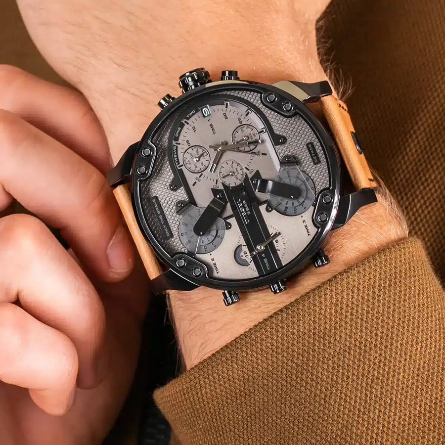 Diesel Mr. Daddy 2.0 Chronograph Grey Dial Brown Leather Strap Watch For Men - DZ7406