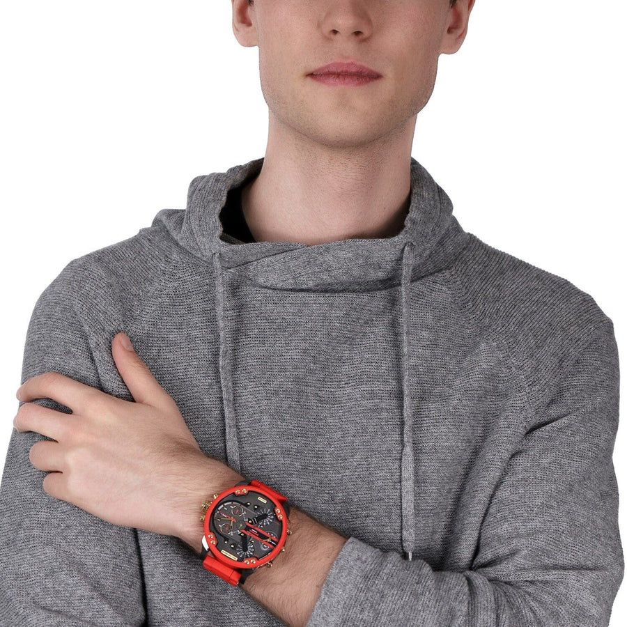 Diesel Mr Daddy 2.0 Chronograph Grey Dial Red Rubber Strap Watch For Men - DZ7430