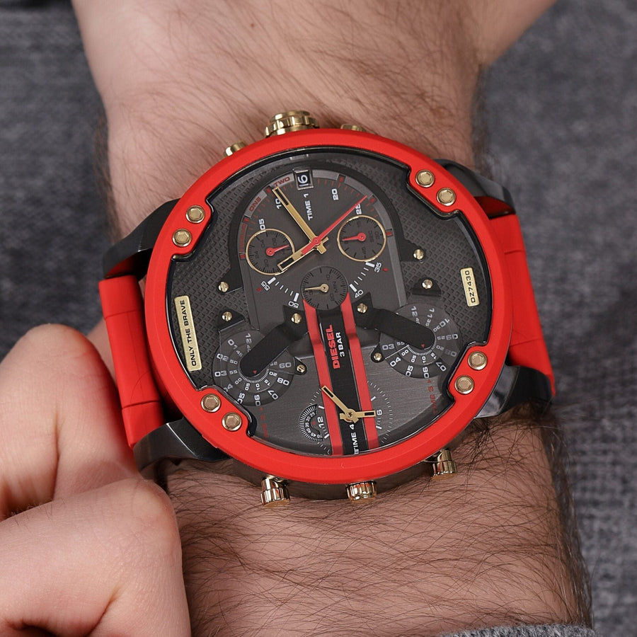 Diesel Mr Daddy 2.0 Chronograph Grey Dial Red Rubber Strap Watch For Men - DZ7430