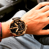 Diesel Mr Daddy Black & Gold Dial Black Leather Strap Watch For Men - DZ7371