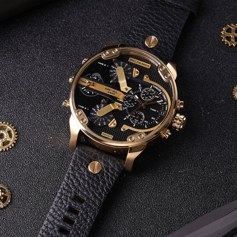 Diesel Mr Daddy Black & Gold Dial Black Leather Strap Watch For Men - DZ7371