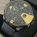 Diesel Uber Chief Two Hand Black Dial Black Leather Strap Watch For Men - DZ7377