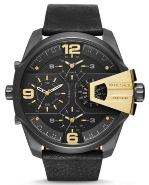 Diesel Uber Chief Two Hand Black Dial Black Leather Strap Watch For Men - DZ7377