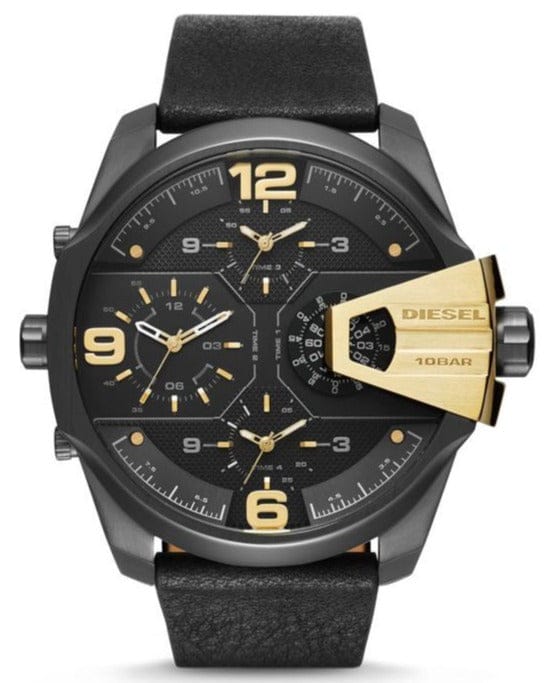 Diesel Uber Chief Two Hand Black Dial Black Leather Strap Watch For Men - DZ7377