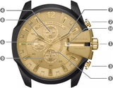 Diesel Mega Chief Chronograph Gold Dial Black Steel Strap Watch For Men - DZ4485