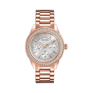 Bulova Crystal Silver Dial Rose Gold Steel Strap Watch for Women - 97N101