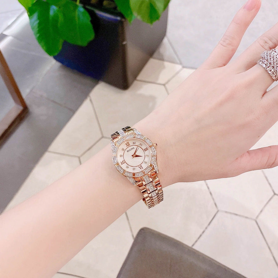 Bulova Crystal Mother of Pearl Dial Rose Gold Steel Strap Watch for Women - 98L197
