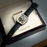 Fossil Inscription Automatic Skeleton Rose Gold Dial Black Leather Strap Watch for Men - BQ2572