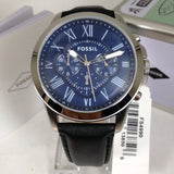 Fossil Grant Chronograph Blue Dial Black Leather Strap Watch for Men - FS4990