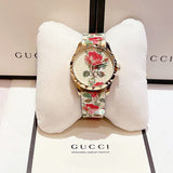 Gucci G Timeless Floral Gold Dial White Leather Strap Watch For Women - YA1264084