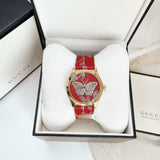 Gucci G Timeless Quartz Red Dial Red Leather Strap Watch For Women - YA1264054