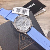 Guess Confetti Crystal Silver Dial Blue Rubber Strap Watch For Women - W1098L3