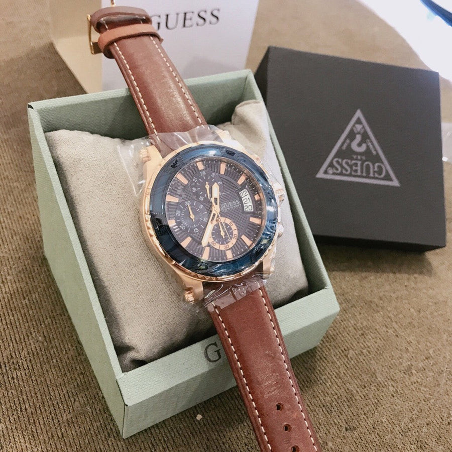 Guess Pinnacle Chronograph Quartz Blue Dial Brown Leather Strap Watch For Women - W0673G3