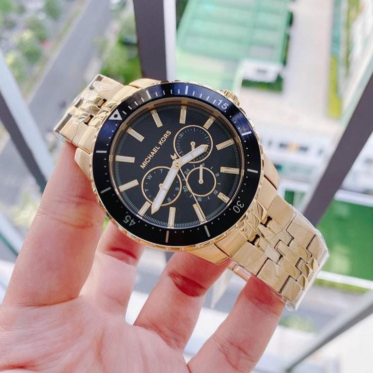 Michael Kors Cunningham Multifunction Black Dial Gold Steel Strap Watch For Men - MK7154
