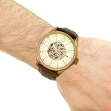 Fossil Flynn Mechanical Skeleton Beige Dial Brown Leather Strap Watch for Men - BQ2215