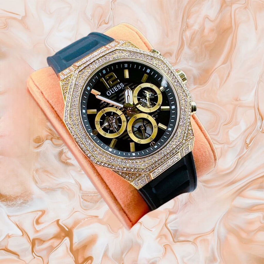 Guess Momentum Chronograph Diamonds Black Dial Black Silicone Strap Watch For Men - GW0518G2