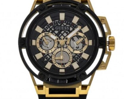 Guess Matrix Multifunction Gold Dial Black Rubber Strap Watch For Men - GW0423G2