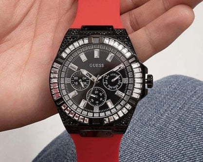 Guess Mainline Multifunction Crystals Black Dial Red Silicone Strap Watch For Men - GW0208G6
