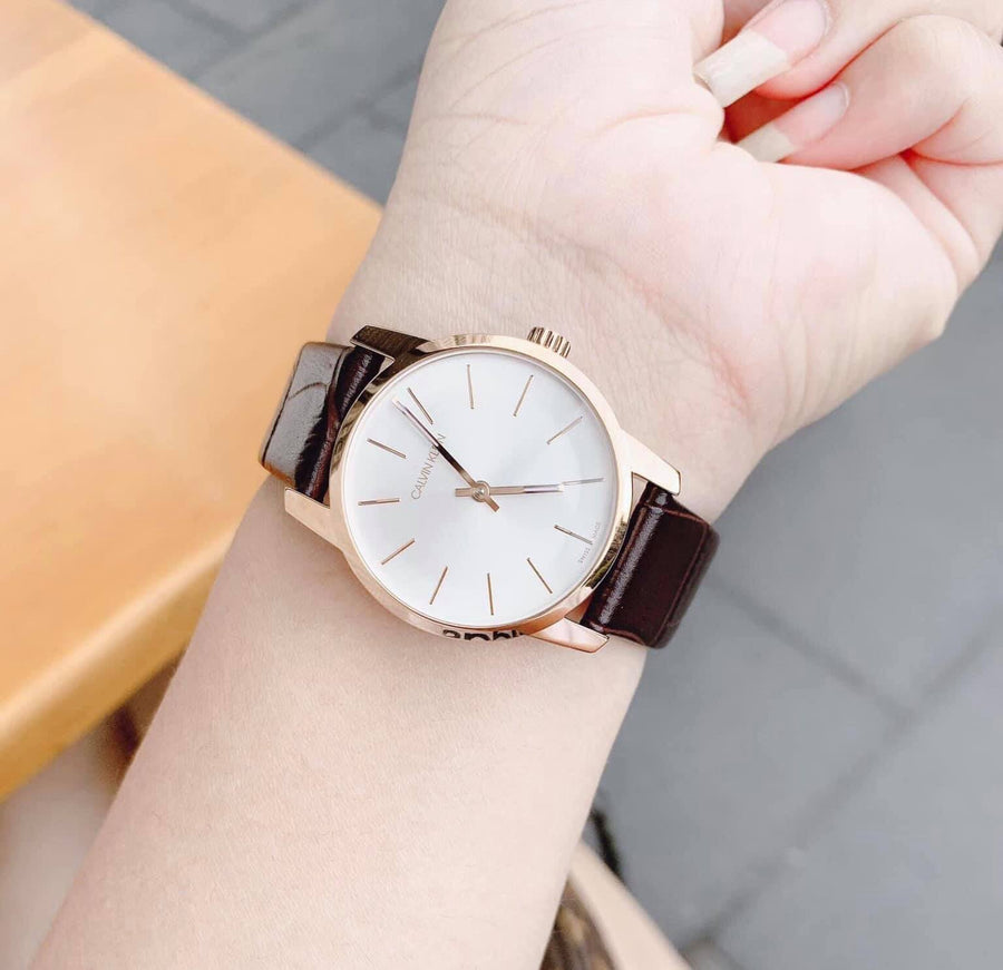 Calvin Klein Even White Dial Brown Leather Strap Watch for Women - K7B236G6