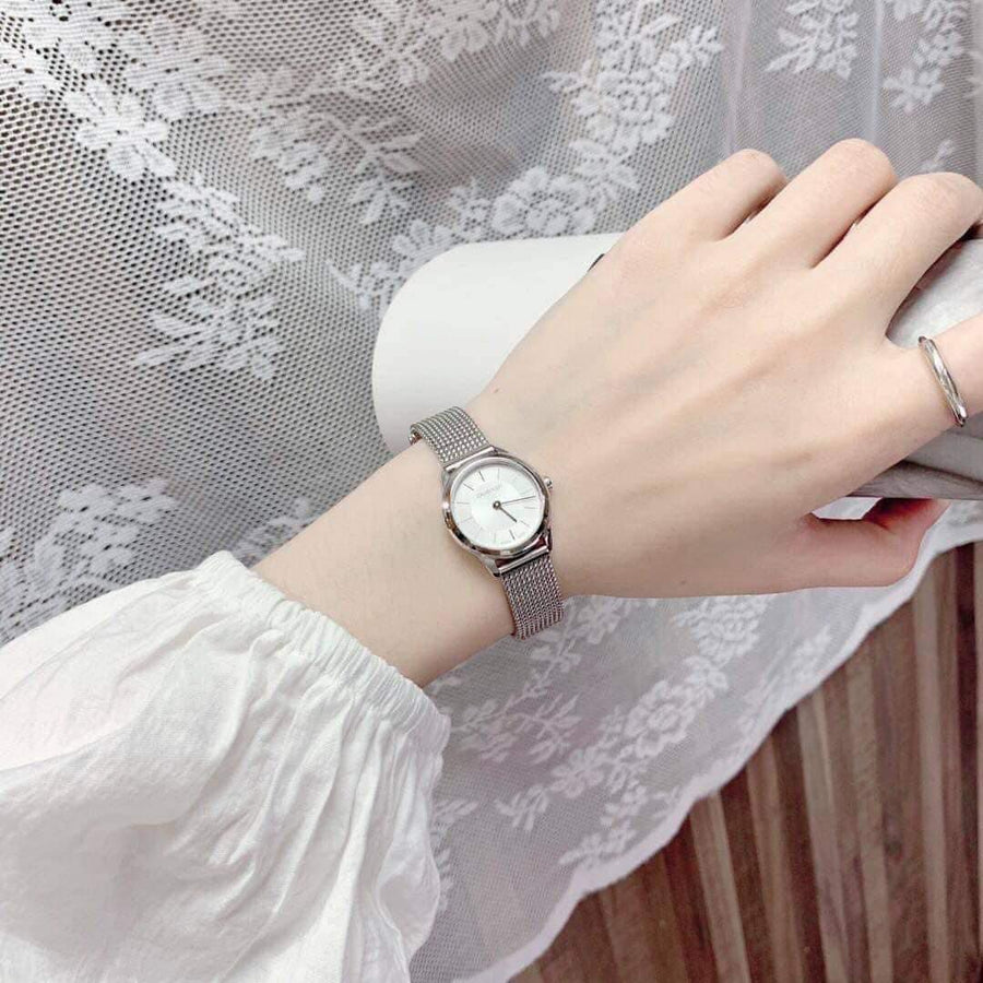 Calvin Klein Minimal White Dial Silver Mesh Bracelet Watch for Women - K3M23126