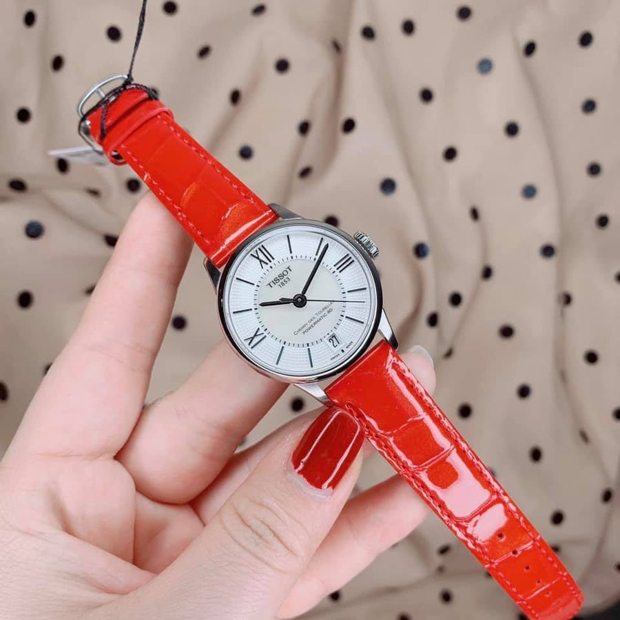 Tissot Chemin Des Tourelles Powermatic 80 Mother of Pearl White Dial Red Leather Strap Watch For Women - T099.207.16.118.00