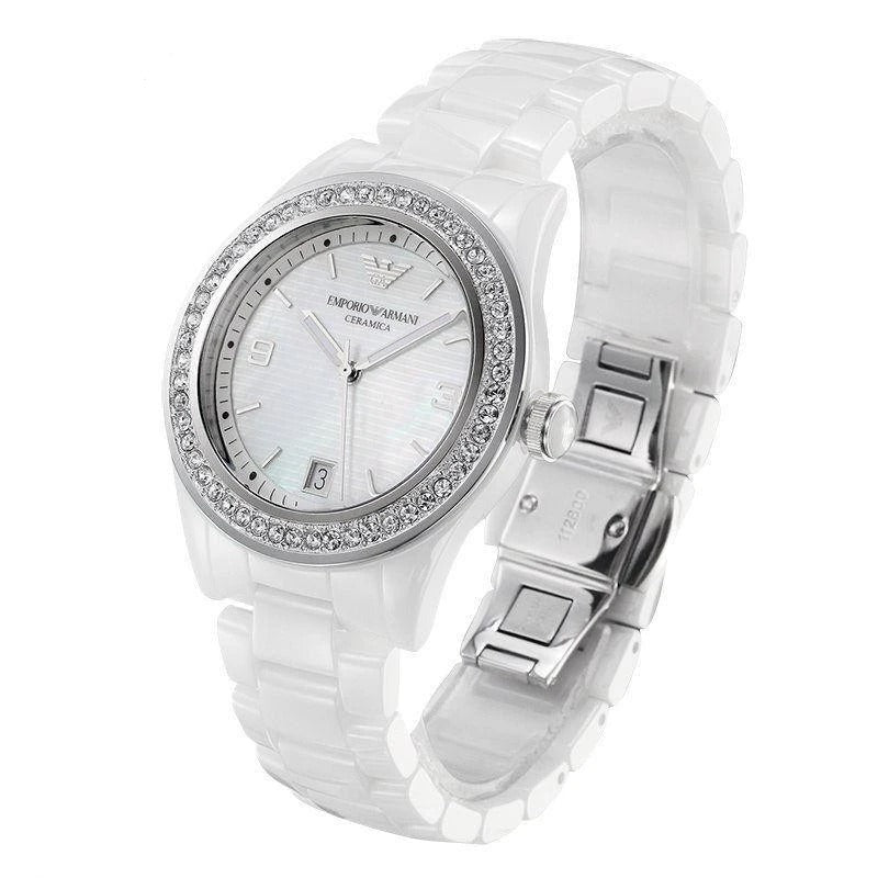Emporio Armani Ceramica White Mother of Pearl Dial Stainless Steel Strap Watch For Women - AR1426