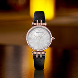 Emporio Armani Gianni T-Bar Mother of Pearl Dial Black Leather Strap Watch For Women - AR11295