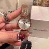 Emporio Armani Gianni T Bar Silver Dial Rose Gold Mesh Bracelet Watch For Women - AR1956