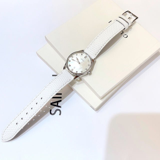 Gucci G-Timeless Mother of Pearl White Dial White Leather Strap Watch For Women - YA126597