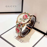 Gucci G Timeless Floral Gold Dial White Leather Strap Watch For Women - YA1264084