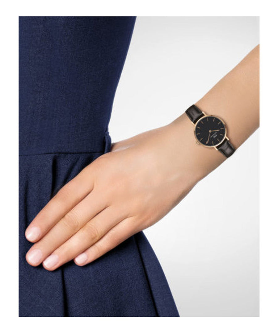 Daniel Wellington Classic Petite York Black Dial Brown Leather Strap Watch For Women - DW00100226