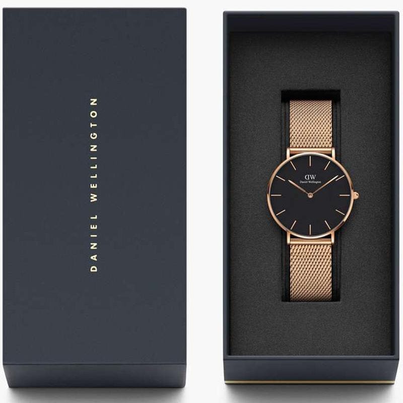 Daniel Wellington Petite Melrose Black Dial Rose Gold Mesh Strap Watch For Women - DW00100303