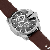 Diesel Mega Chief Black & Silver Round Dial Brown Leather Strap Watch For Men - DZ4290