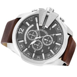 Diesel Mega Chief Black & Silver Round Dial Brown Leather Strap Watch For Men - DZ4290