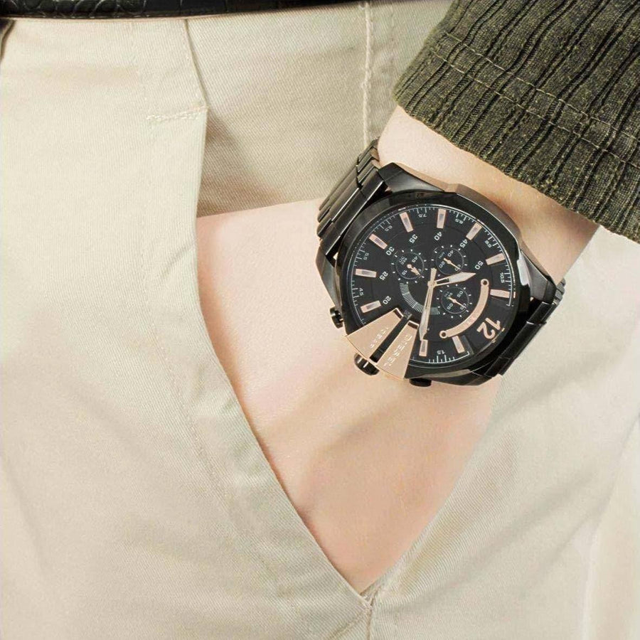 Diesel Mega Chief Chronograph Black Dial Black Steel Strap Watch For Men - DZ4309