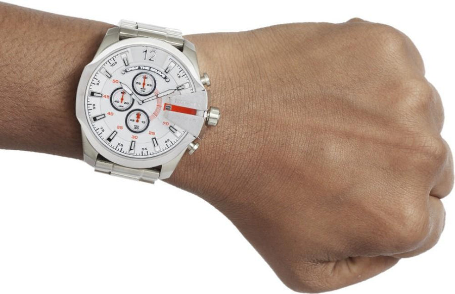 Diesel Mega Chief Chronograph White Dial Silver Steel Strap Watch For Men - DZ4328