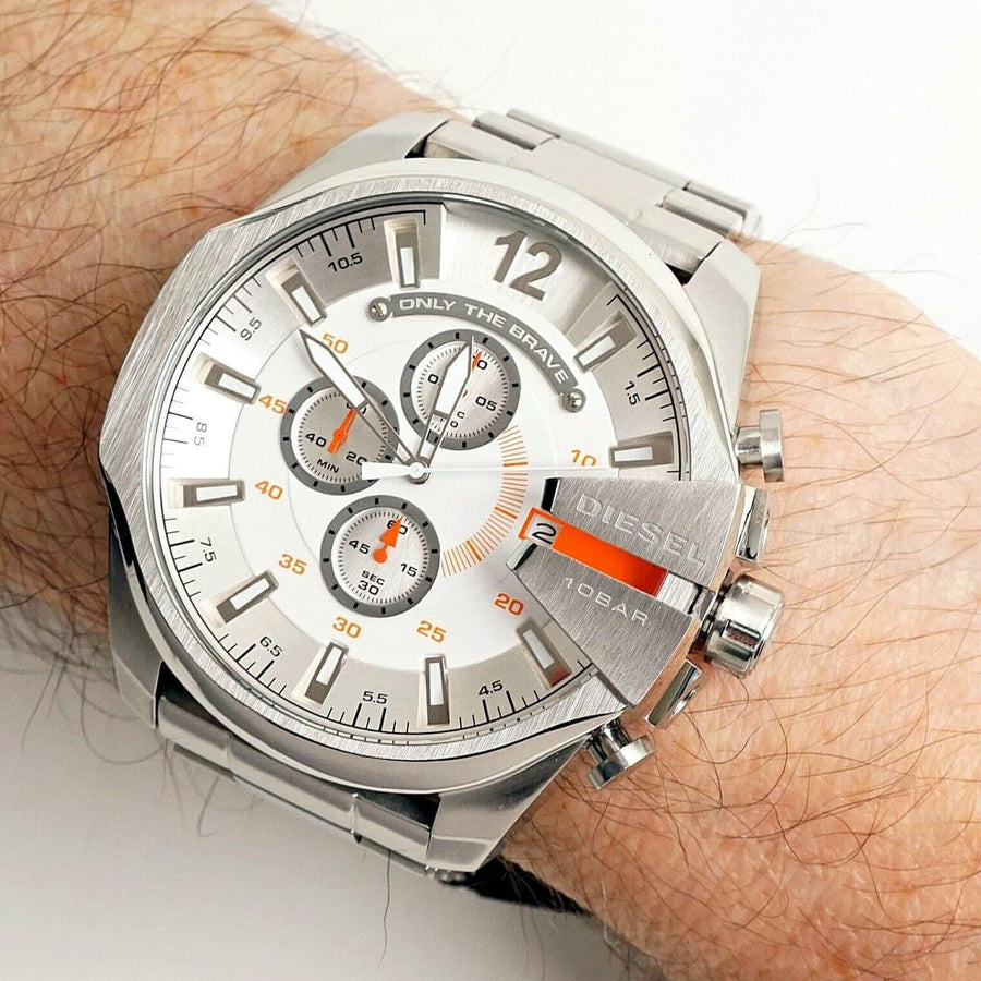 Diesel Mega Chief Chronograph White Dial Silver Steel Strap Watch For Men - DZ4328