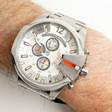 Diesel Mega Chief Quartz Chronograph White Dial Steel Strap Watch For Men - DZ4328