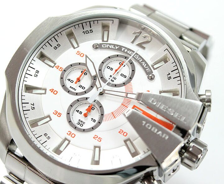 Diesel Mega Chief Chronograph White Dial Silver Steel Strap Watch For Men - DZ4328